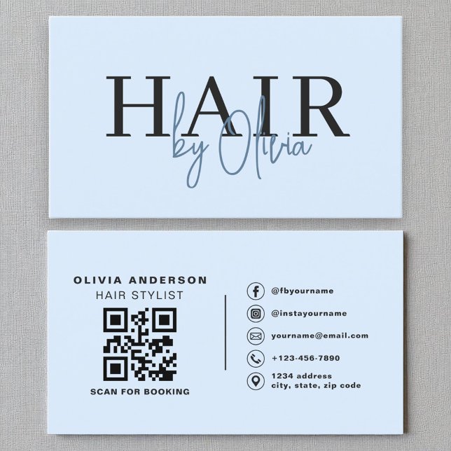 Blue QR Code Haarstylist Moderne Typografie Visitenkarte (Von Creator hochgeladen)
