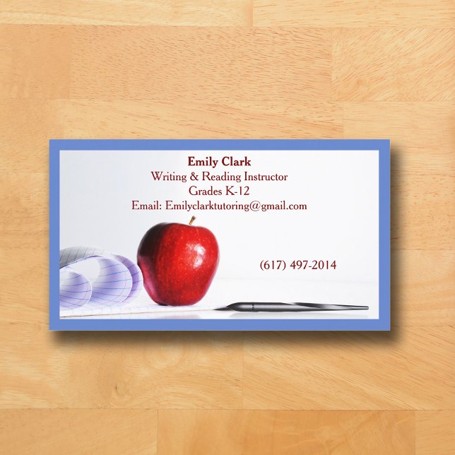 Blue QR Code School Teacher Red Apple   Visitenkarte (Blue Business Card for Teacher )