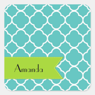 Blue Quatrefoil, Moroccan Trellis, Your Name Quadratischer Aufkleber