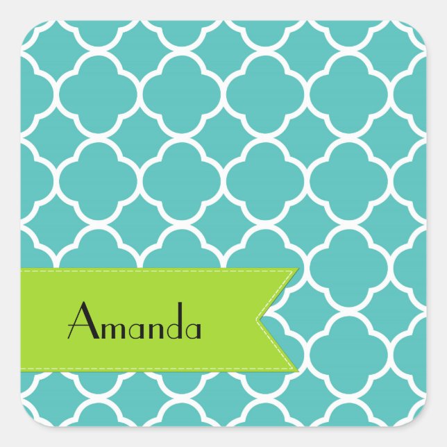Blue Quatrefoil, Moroccan Trellis, Your Name Quadratischer Aufkleber (Vorderseite)