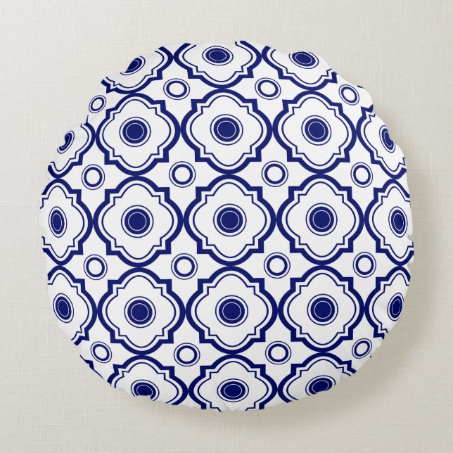 Blue Quatrefoil Round Pillow Rundes Kissen (Vorderseite)