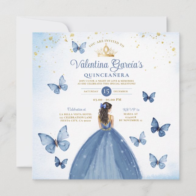 Blue Quinceañera 15 Anos Butterfly Gold Glitzer Einladung (Vorderseite)
