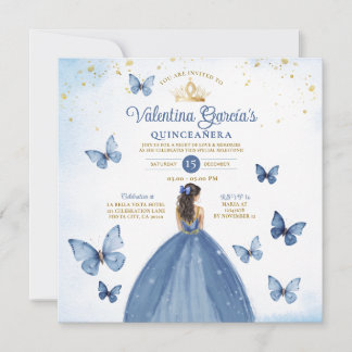Blue Quinceañera 15 Anos Butterfly Gold Glitzer Einladung