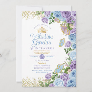 Blue Quinceañera 15 Anos Purple Flowers Goldkrone Einladung