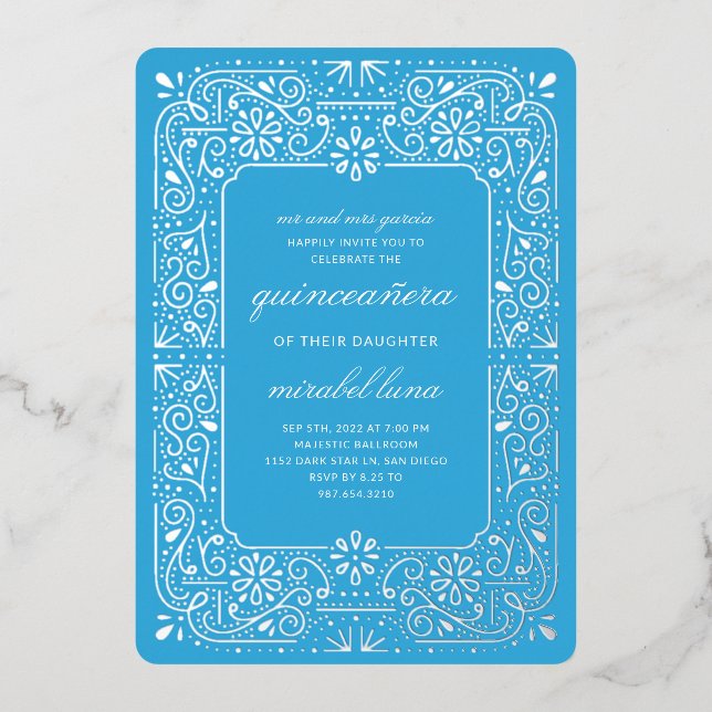 Blue Quinceañera Einladungen Foil Einladung (Vorderseite)