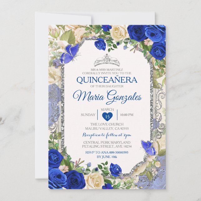 Blue Quinceañera Silver Crown Butterfly 15 Anos Einladung (Vorderseite)