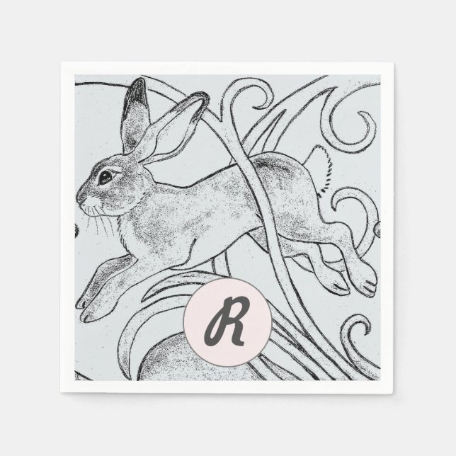 Blue Rabbit Bunny Hare Ostermonogram Art Deco Serviette (Vorderseite)