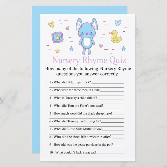 Blue Rabbit Kinderzimmer Rhyme Quiz Babyduschenspi (Vorne/Hinten)