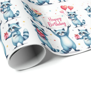 Blue Raccoon Birthday Celebration Scene - Birthday Geschenkpapier