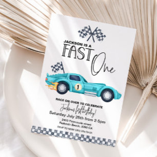 Blue Race Auto FAST ONE 1. Geburtstag Wasserfarbe Einladung