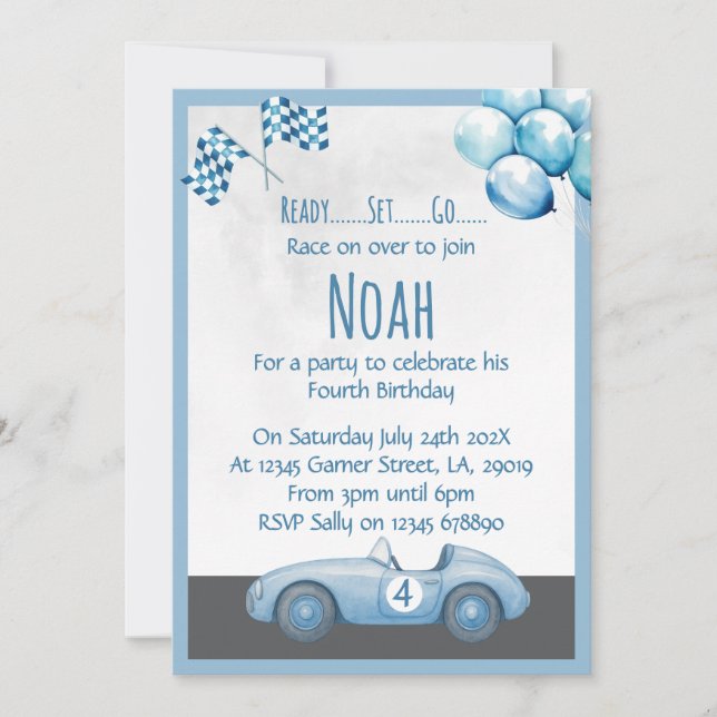 Blue Race Car 4th Birthday Party Invitation (Devant)
