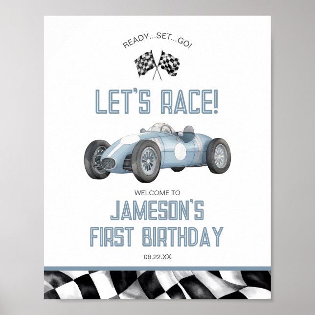 Blue Race Car Anniversaire Affiche de bienvenue de (Devant)