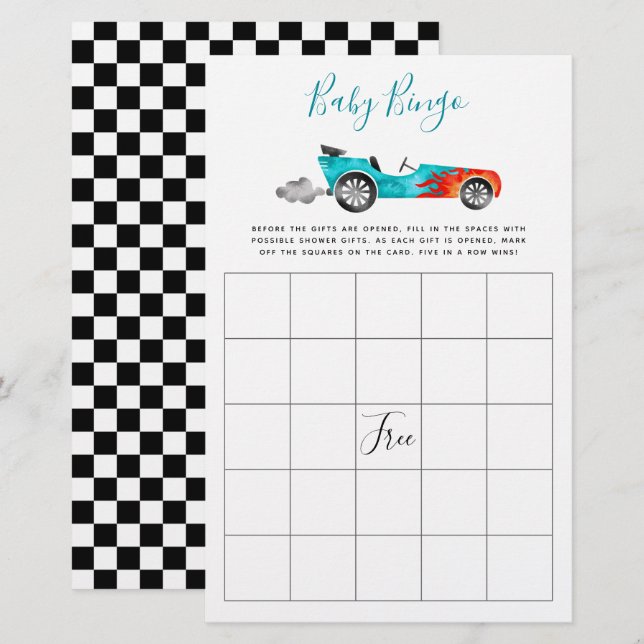 Blue Race Car Baby Dusche Bingo Spiel (Vorne/Hinten)