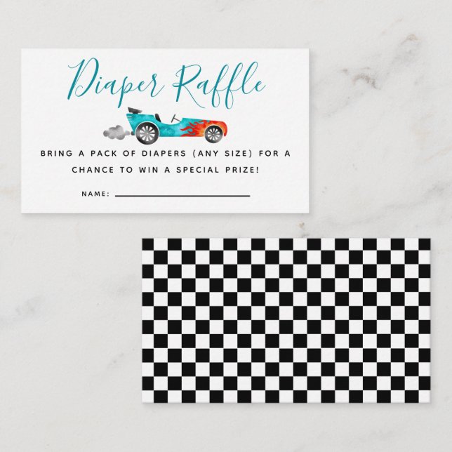 Blue Race Car Baby Duschkabine Windelrad Ticket Begleitkarte (Vorne/Hinten)