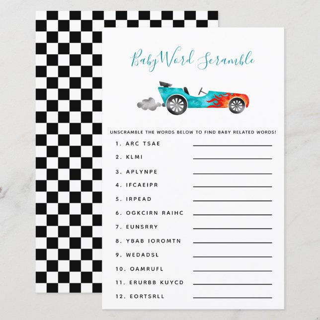 Blue Race Car Baby Word Scramble Game (Vorne/Hinten)