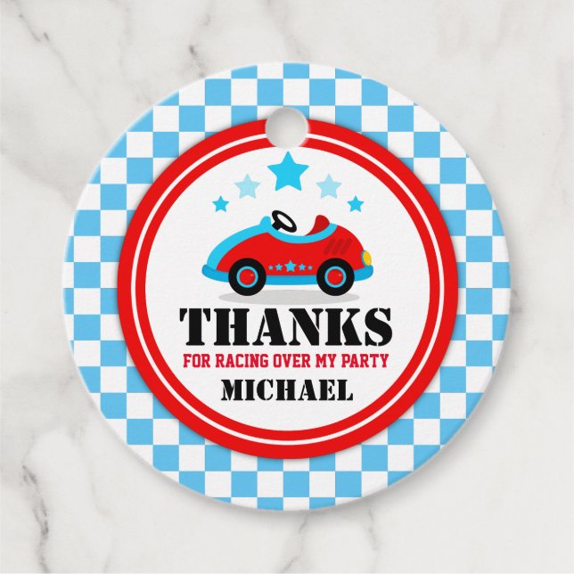 Blue Race Car Birthday Baby Dusche Party Geschenkanhänger (Vorderseite)