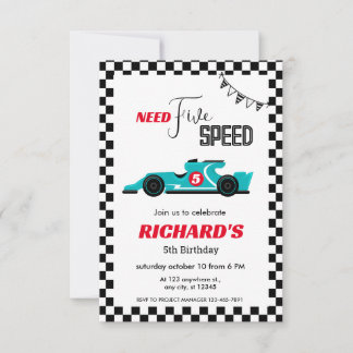 Blue Race Car Birthday | Fünf Geschwindigkeiten be Einladung