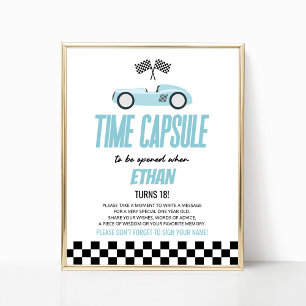 Blue Race Car Birthday Party Time Kapsel Zeichen Poster