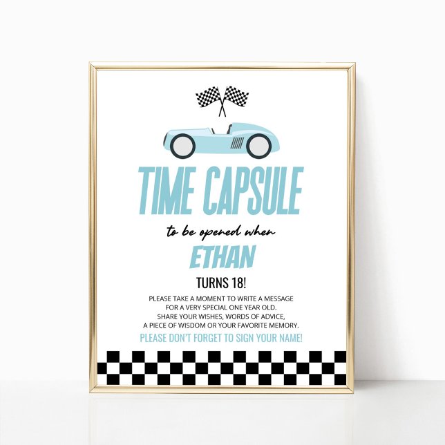 Blue Race Car Birthday Party Time Kapsel Zeichen Poster (Von Creator hochgeladen)