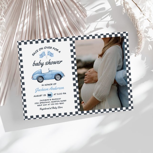 Blue Race Car Boy Baby Dusche Foto Einladung (Von Creator hochgeladen)