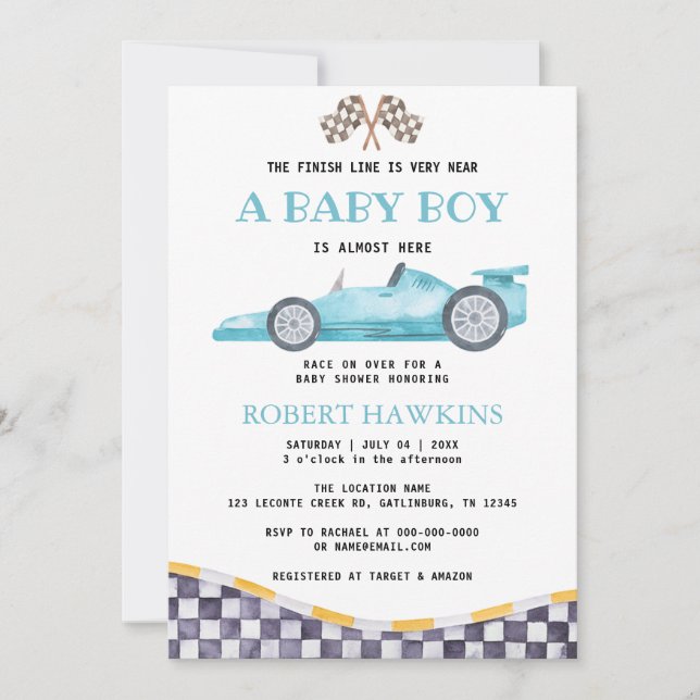 Blue Race Car Boy Baby shower Invitation (Devant)