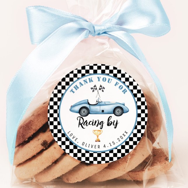 Blue Race Car Boy Birthday Danke für das Rennen vo Runder Aufkleber (Von Creator hochgeladen)