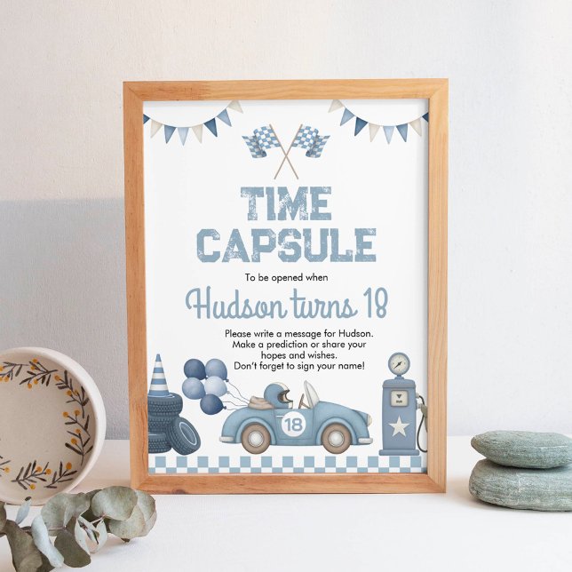Blue Race Car Boy Birthday Time Capsule Sign Poster (Von Creator hochgeladen)