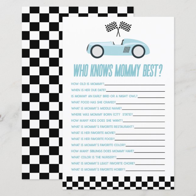 Blue Race Car, der Mommy Baby Shower Game kennt (Vorne/Hinten)