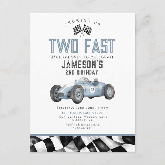 Blue Race Car Deux Fast 2nd Birthday Invitation (Devant)