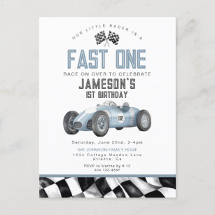 Blue Race Car Fast 1 1. Geburtstag Party Einladung Postkarte