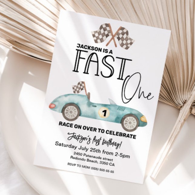 Blue Race car FAST ONE 1st birthday Einladung (FAst one birthday invitation, 1st birthday)