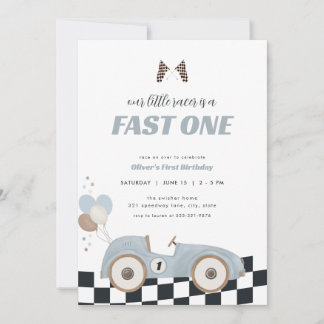 Blue Race Car Fast One First Birthday Invite  Einladung