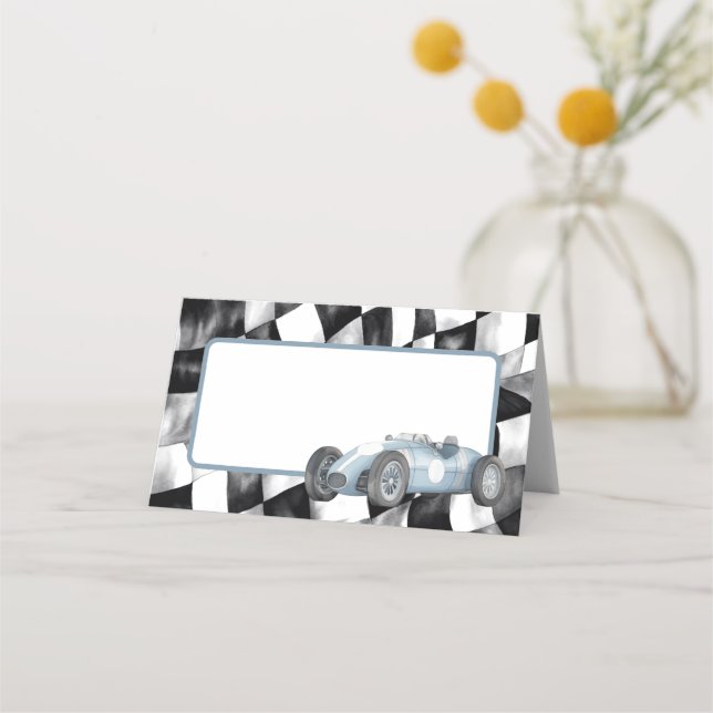 Blue Race Car Geburtstagsparty Platzkarte (Vorderseite)