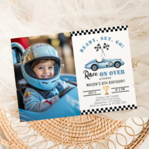Blue Race Car Jedes Alter Junge Foto Geburtstag Einladung