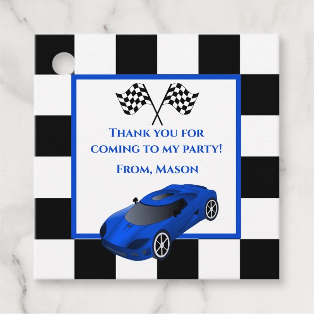 Blue Race Car | KINDERGEBURTSTAG PARTY Geschenkanhänger (Vorderseite)