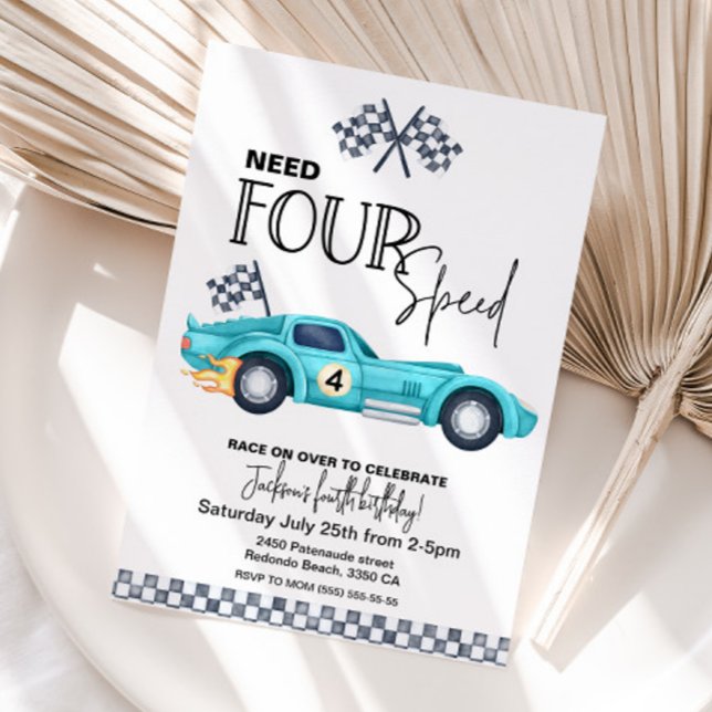 Blue Race Car, Need FOUR speed 4th Birthday  Einladung (Blue Race car, Need FOUR Speed birthday invitation,  Race car Birthday invite)