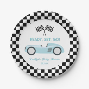 Blue Race Car Ready Set Go Baby Dusche Pappteller