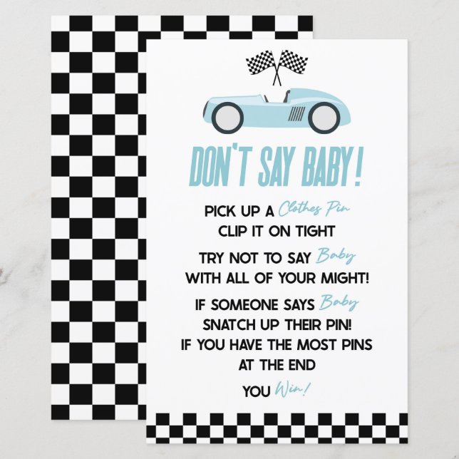 Blue Race Car Say Baby Shower Game nicht (Vorne/Hinten)
