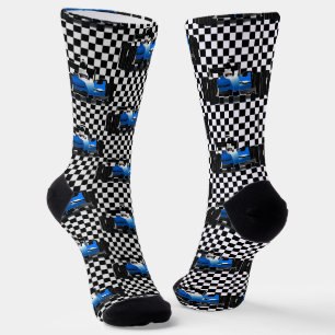 Blue Race Car - Schachbrettsport Socken