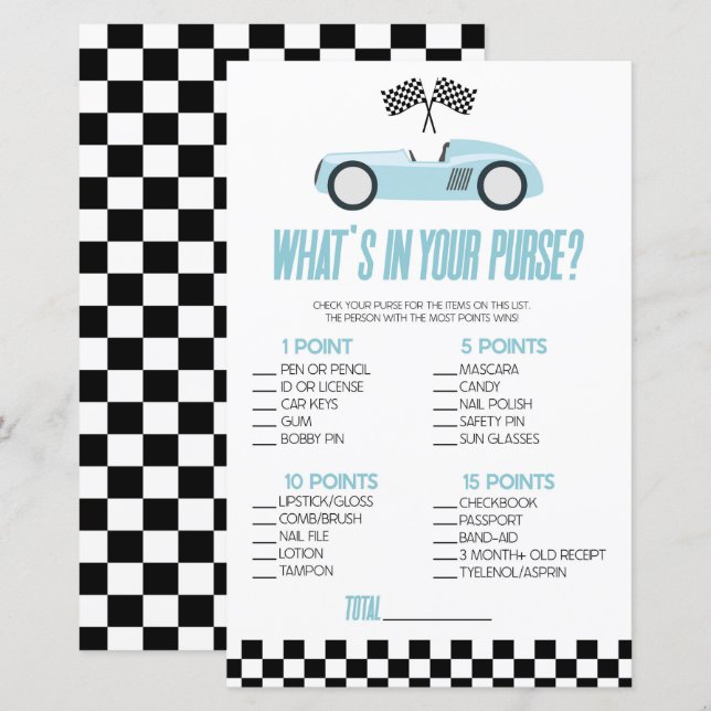 Blue Race Car Was ist in Purse Baby Shower Game (Vorne/Hinten)