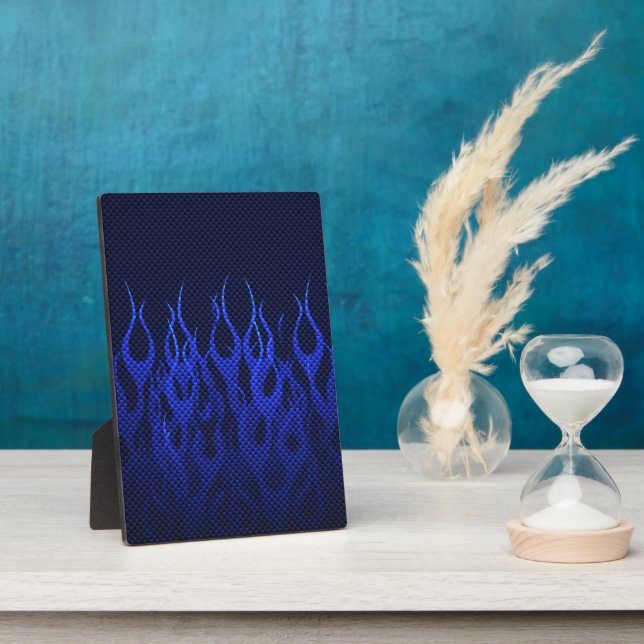 Blue Racing Flames on Carbon Fiber Print Fotoplatte (Seite)