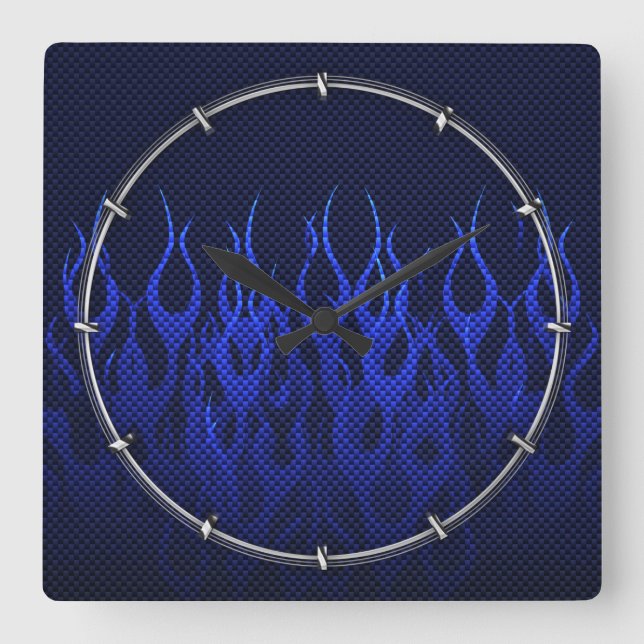 Blue Racing Flames on Carbon Fiber Print Quadratische Wanduhr (Vorderseite)