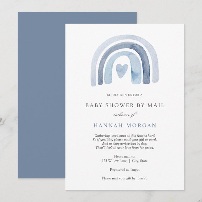 Blue Rainbow Baby Dusche per Mail - Einladung (Vorne/Hinten)