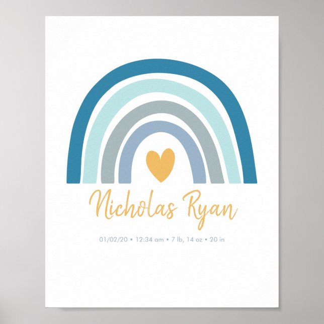 Blue Rainbow Baby Personnalisé Birth Stats Poster (Devant)
