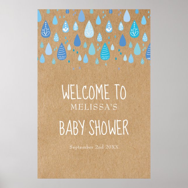 Blue Raindrops Boho Baby Dusche / Sprinkle Empfang Poster (Vorne)