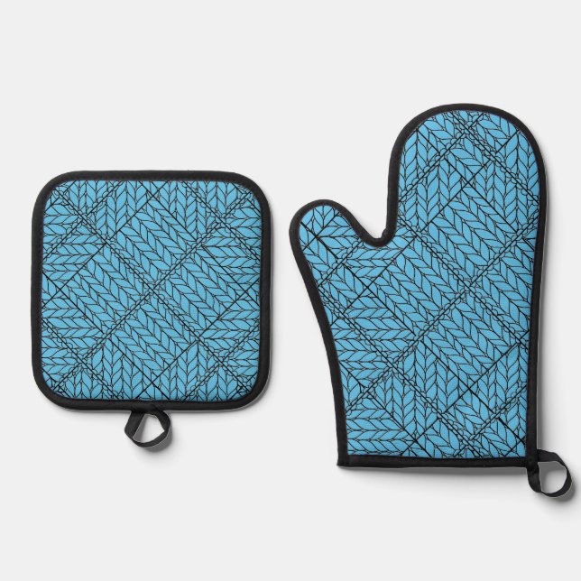 BLUE RAUTE STRICK Oven Mitt & Pot Holder Set (Vorderseite)