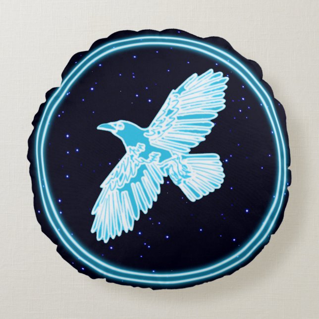 Blue Raven on Stars Rundes Kissen (Vorderseite)