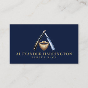 Blue Razor Golden Beard Logo Barber Shop  Visitenkarte