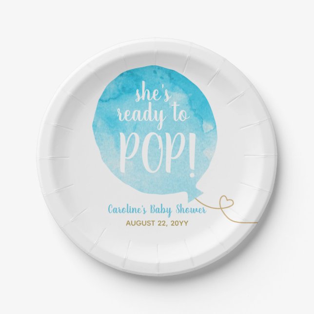 Blue Ready to Pop Balloon Baby Boy Dusche Pappteller (Vorderseite)