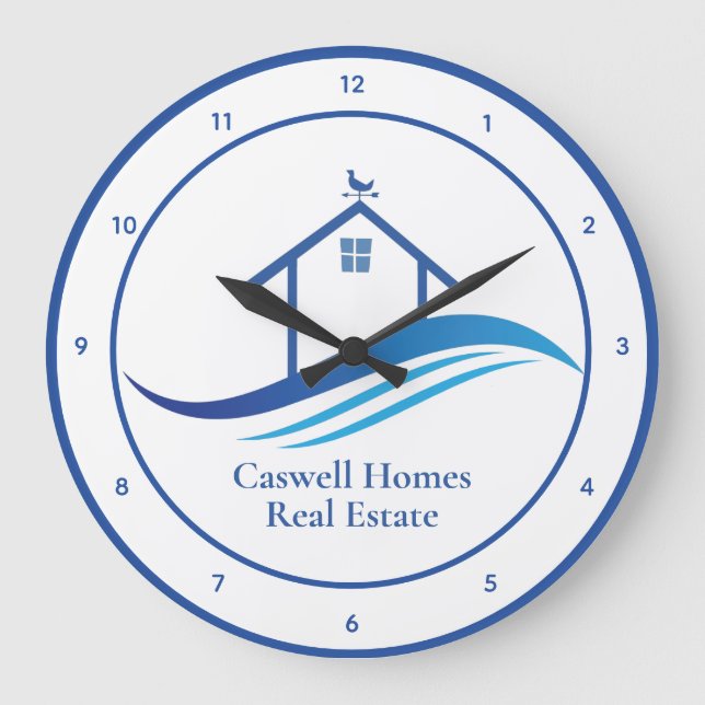 Blue Real Estate Company Modern Logo Custom Office Große Wanduhr (Vorderseite)